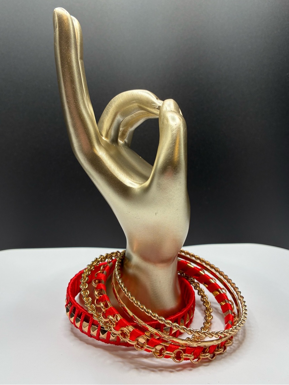 Vintage Red Silk Wrapped & Gold Mix Of Bangle Bracelet - Women Jewelry